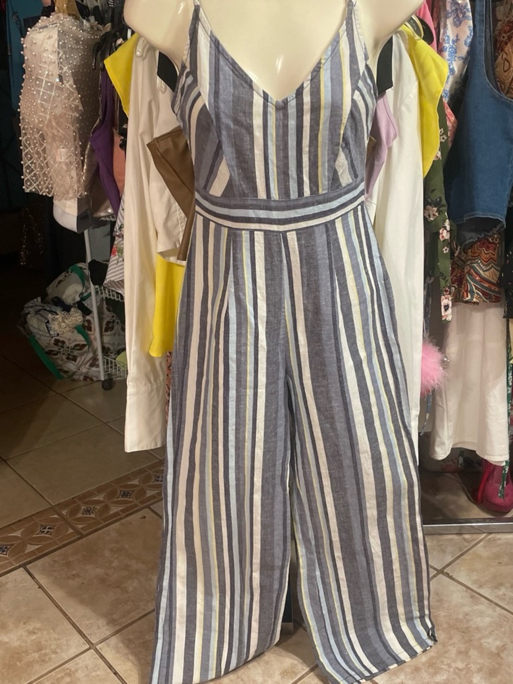 Derek Heart Navy, White & Cream Striped Wide-Leg Jumpsuit